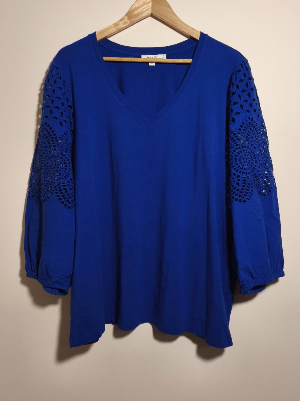 Chico's Pima Modal Embroidered Eyelet Balloon Sleeve Top sz 4 XXL Indigo Blue